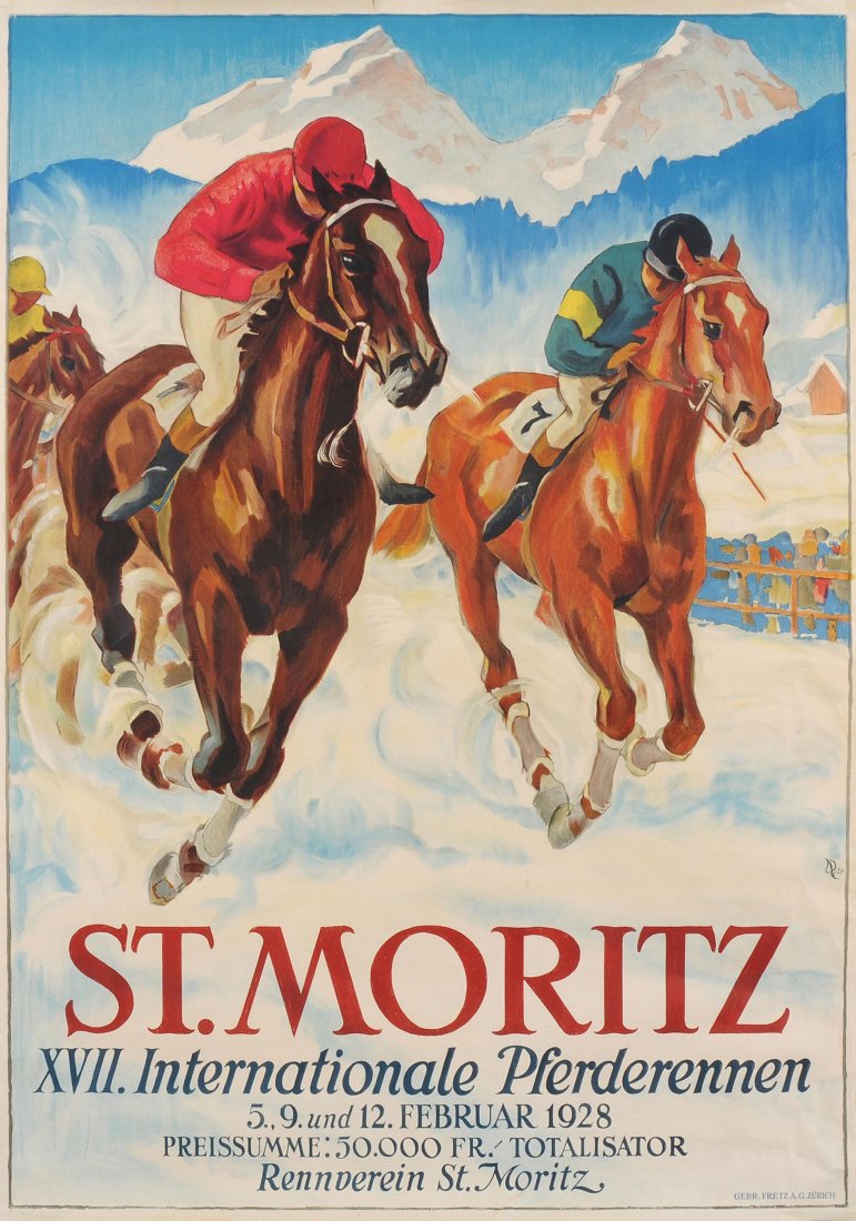Laubi, Hugo (Zürich 1888–1959 Zürich) "St. Moritz XVII.: Laubi, Hugo (Zürich 1888–1959 Zürich) "St. Moritz XVII. Internationale Pferderennen 5., 9. und 12. Februar 1928". Farblithographie. Unten rechts im Druck monogrammiert und datiert: "24". Unten rec