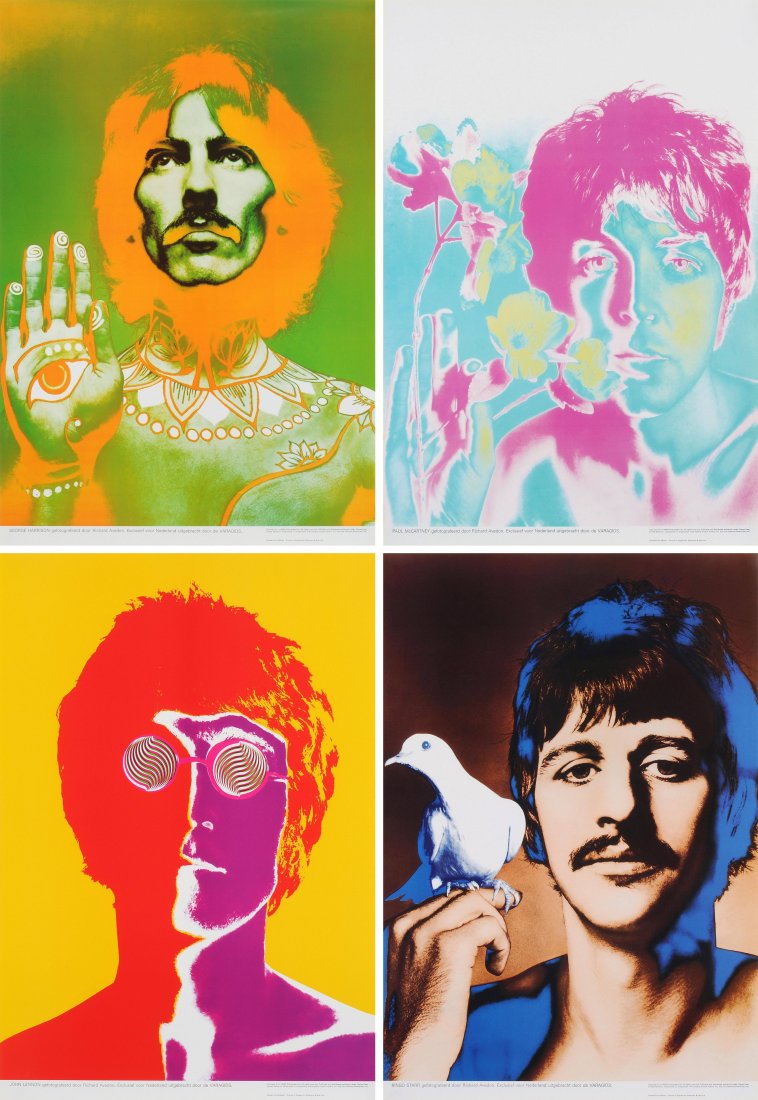 Avedon, Richard (New York 1923–2004 San Antonio): Avedon, Richard (New York 1923–2004 San Antonio) Beatles. 1967. Lot von vier Farboffsetdrucken: Ringo Starr, George Harrison, Paul McCarthney, John Lennon. Unten rechts bezeichnet: "Copyright © by