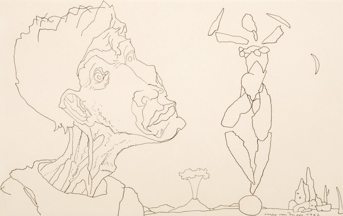 Moos, Max von (Luzern 1903–1979 Luzern) Ohne Titel.: Moos, Max von (Luzern 1903–1979 Luzern) Ohne Titel. Portrait mit Figur. 1962. Tusche auf Papier. Unten rechts signiert und datiert. Blattgrösse 20,8x29,8 cm. Gerahmt.