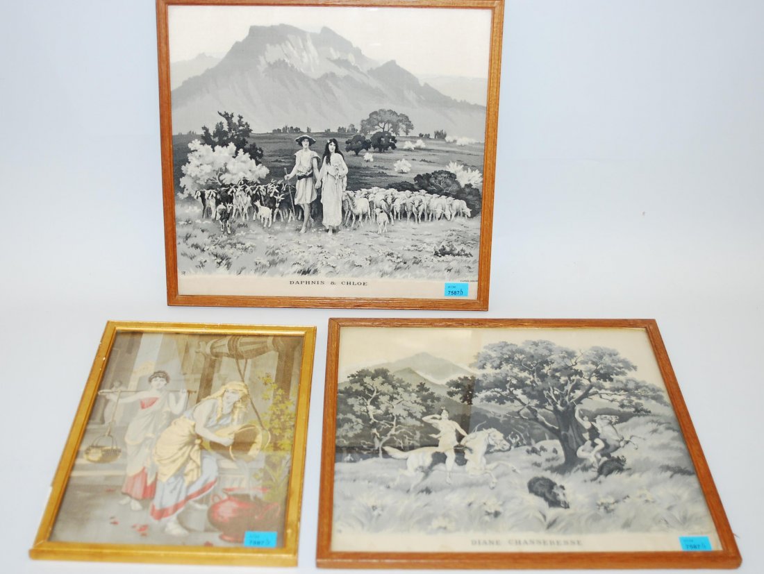 Lot: 3 Seidenwebbilder E.19.Jh. Gewobene Seide,: Lot: 3 Seidenwebbilder E.19.Jh. Gewobene Seide, schwarz-weiss und polychrom. Mehrheitlich monogrammiert NF. Diane, Daphne und Chloe, Wasserträgerinnen. Gerahmt. 34x32/ 21x30. - Altersspuren.