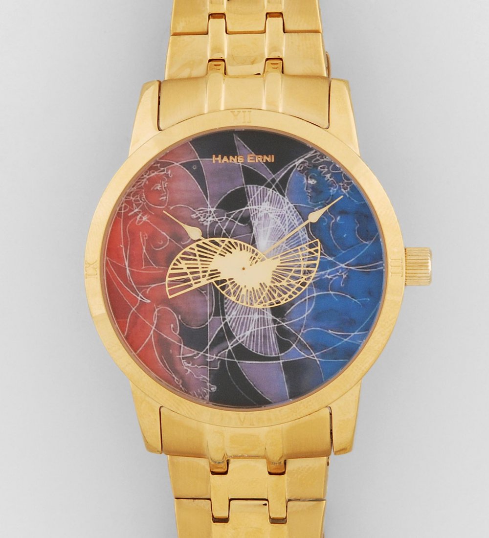 Hans Erni Lauf der Zeit Runde Herrenarmbanduhr in: Hans Erni Lauf der Zeit Runde Herrenarmbanduhr in vergoldetem Stahlgehäuse mit einem Rado-Quarzwerk 503 in einer mit 5000 Exemplaren limitierten Sonderausgabe. Boden gedrückt mit eingravierter Taube