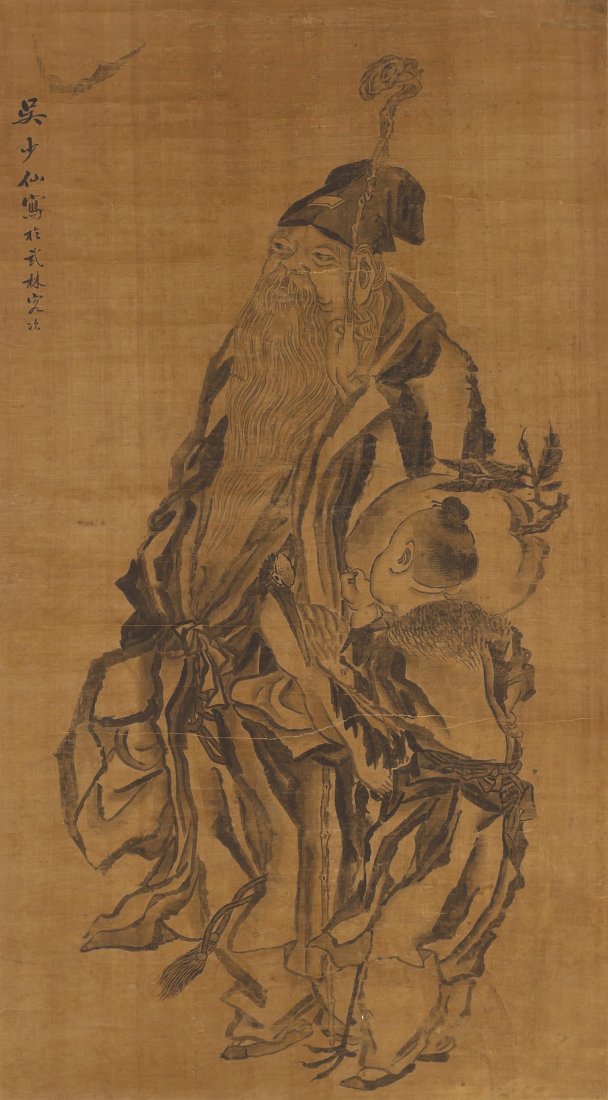 Rollbild China. Vermutlich von Wu Wei (1459–1508).: Rollbild China. Vermutlich von Wu Wei (1459–1508). Tusche auf Seide. Shoulao mit grossem Pfirsich. Knitterspuren. Restauriert. Wasserflecken auf Montur. 119x65 (210x82) cm.