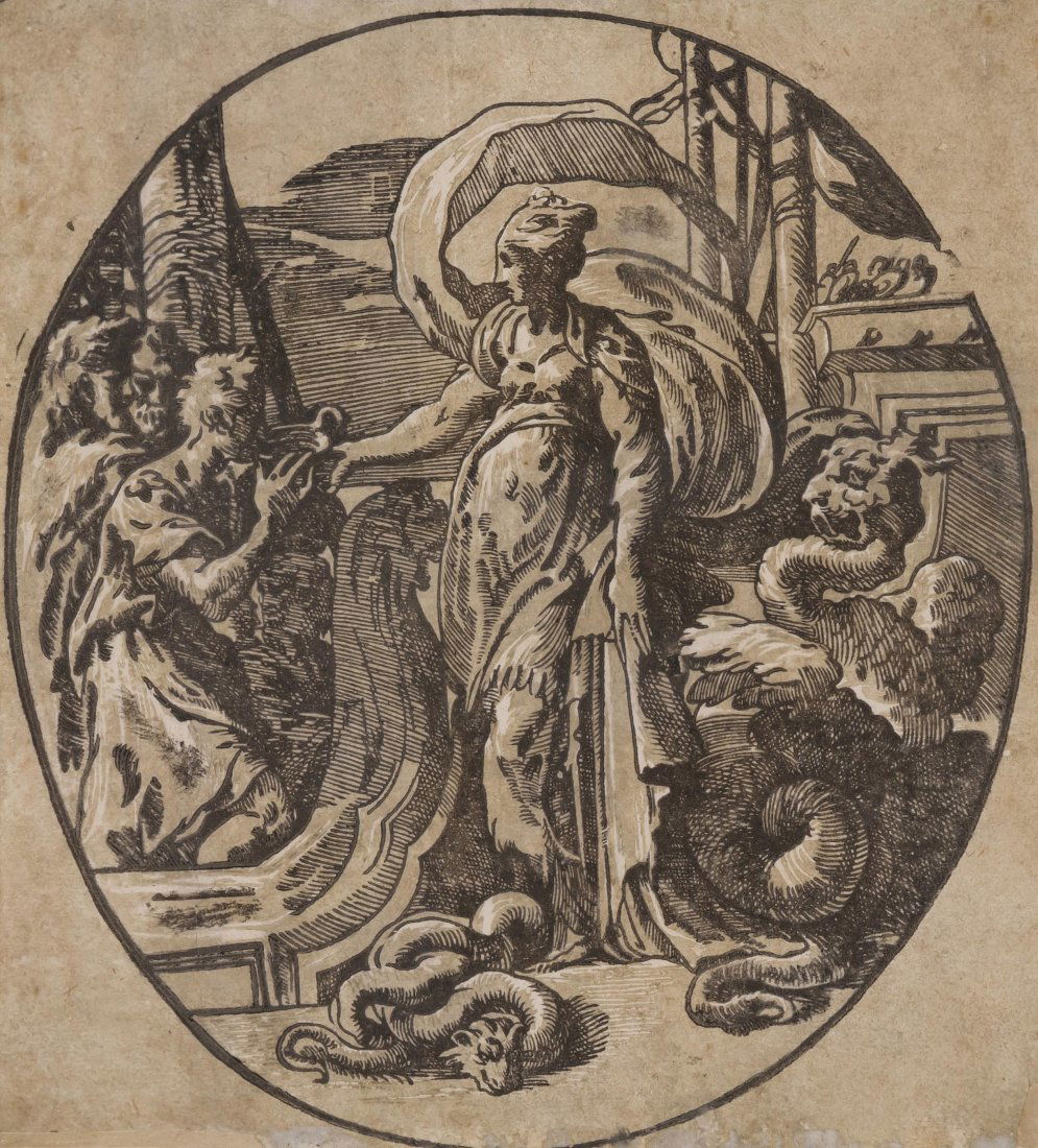 Chiaroscuro Circe reicht den Gefährten des Odysseus den: Chiaroscuro Circe reicht den Gefährten des Odysseus den Zaubertrank. Chiaroscuro-Holzschnitt von 2 Stöcken von Ugo da Carpi nach Parmigianino, ca. 1540. Andreani-Druck, um 1600 (?) im späten Abzug.