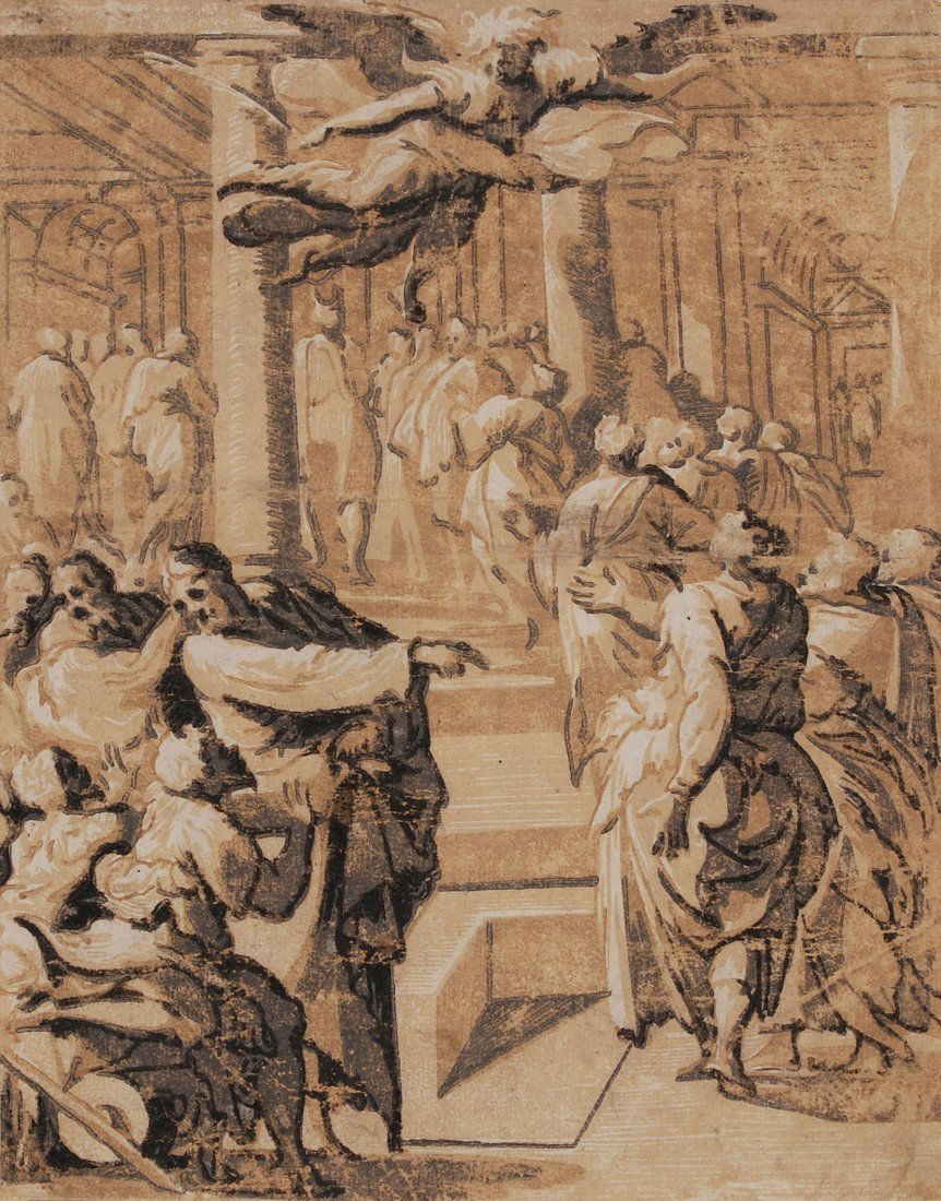 Chiaroscuro Die Heilung eines Lahmen.: Chiaroscuro Die Heilung eines Lahmen. Chiaroscuro-Holzschnitt von 3 Stöcken (Fragment?). Umkreis von Ugo da Carpi, ca. 1540. Abzug des 17. Jh. (?). 26,5x20 cm. - Berieben, mit einigen Farbausbrüchen