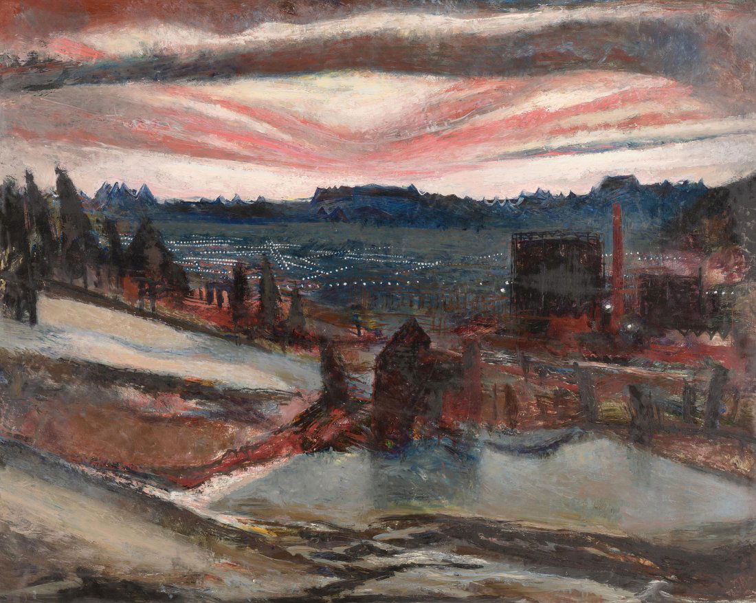 Baumberger, Otto (Zürich-Altstetten 1889–1961 Weinigen): Baumberger, Otto (Zürich-Altstetten 1889–1961 Weinigen) "Lichter am Morgen", 1948. Öl auf Hartfaserplatte. Unten rechts monogrammiert und datiert, verso auf Künstleretikett bezeichnet. 80x100 cm.