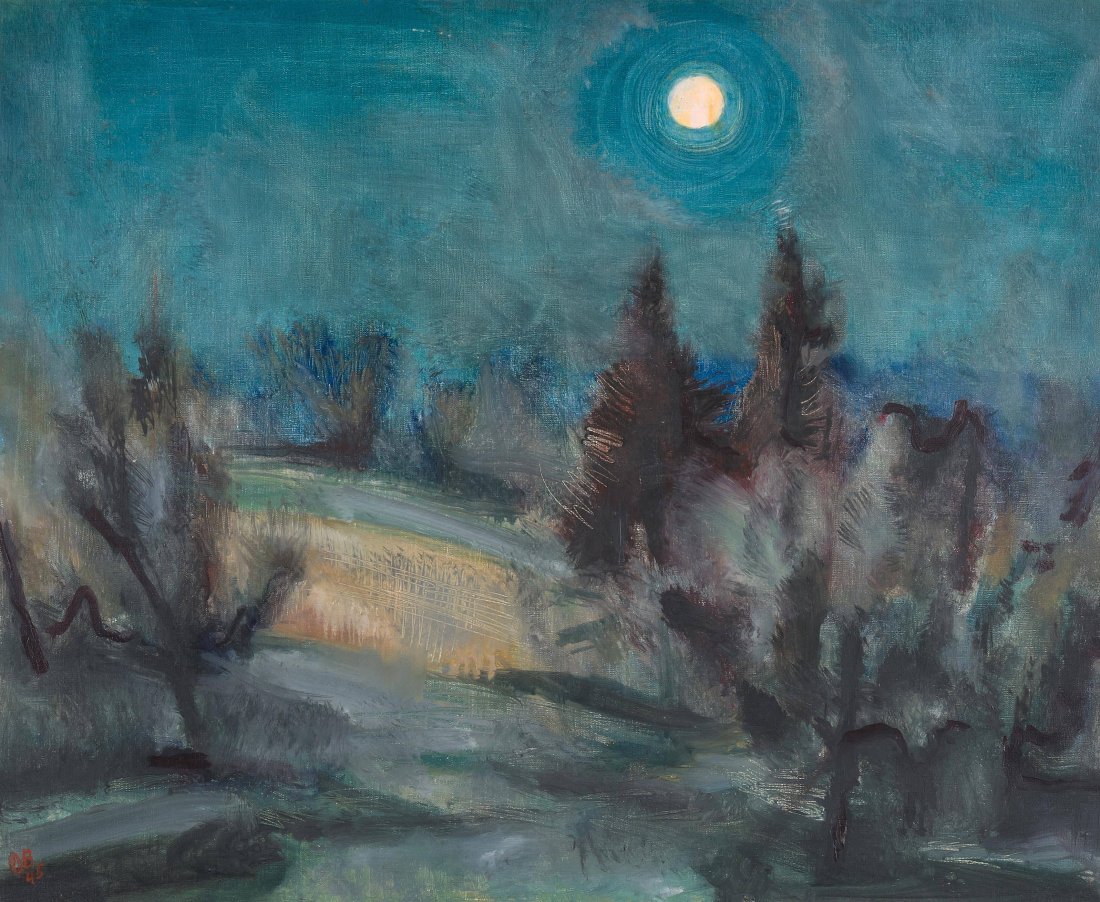 Baumberger, Otto (Zürich-Altstetten 1889–1961 Weinigen): Baumberger, Otto (Zürich-Altstetten 1889–1961 Weinigen) "Kleine Mondlandschaft", 1945. Öl auf Leinwand. Unten links monogrammiert und datiert, verso auf Keilrahmen bezeichnet. 60x73,5 cm.