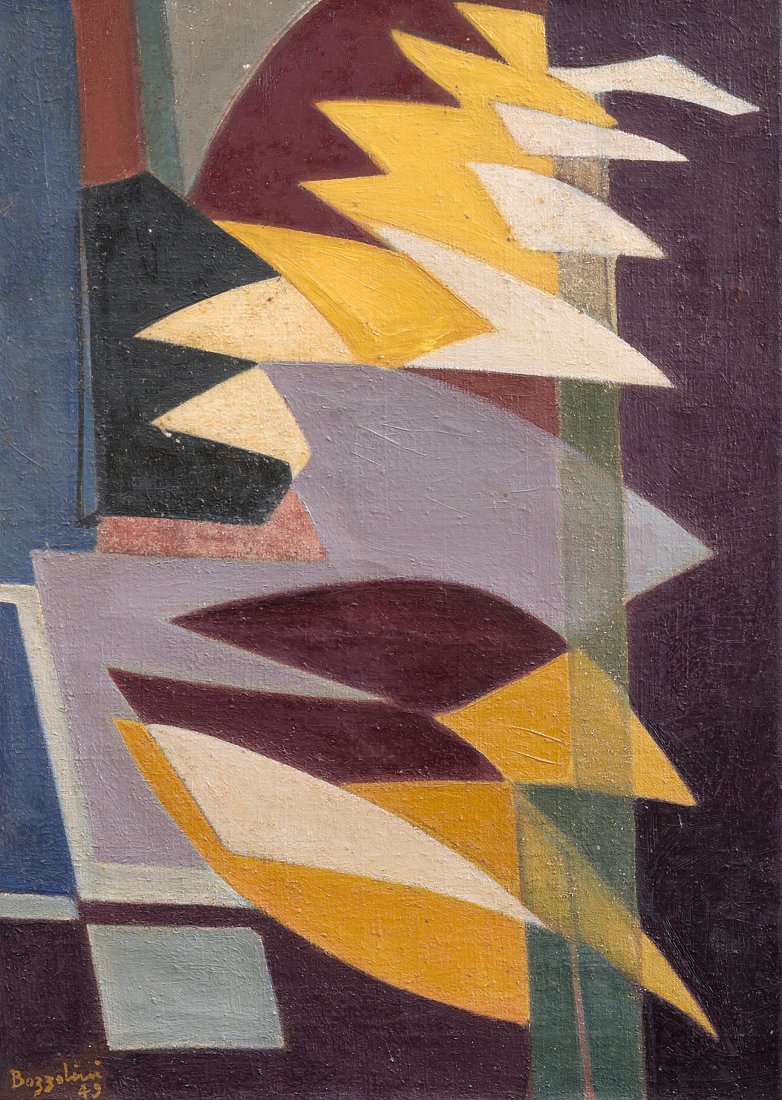 Bozzolini, Silvano (Fiesole 1911–1998 Paris) "Spazio".: Bozzolini, Silvano (Fiesole 1911–1998 Paris) "Spazio". 1949. Öl auf Leinwand. Unten links signiert und datiert. Verso bezeichnet: Bozzolini. 30 Rue Mazarine. Paris VIe / "Spazio" / A Beauregard. Se