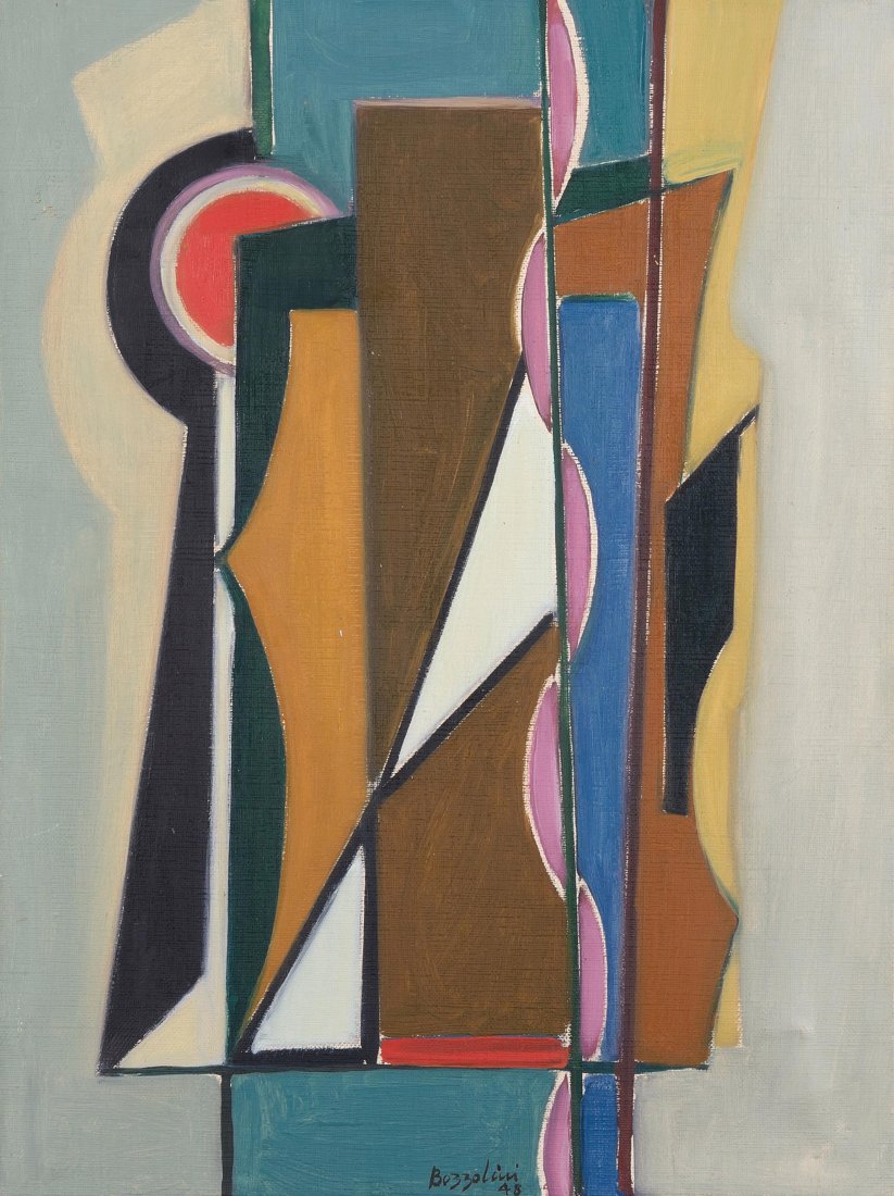 Bozzolini, Silvano: Bozzolini, Silvano (Fiesole 1911–1998 Paris)""Forme Concrete"". 1948. Öl auf Leinwand. Unten in der Mitte signiert und datiert. Verso bezeichnet: Bozzolini. 948 / ""Forme Concrete"" / P. Donatello 