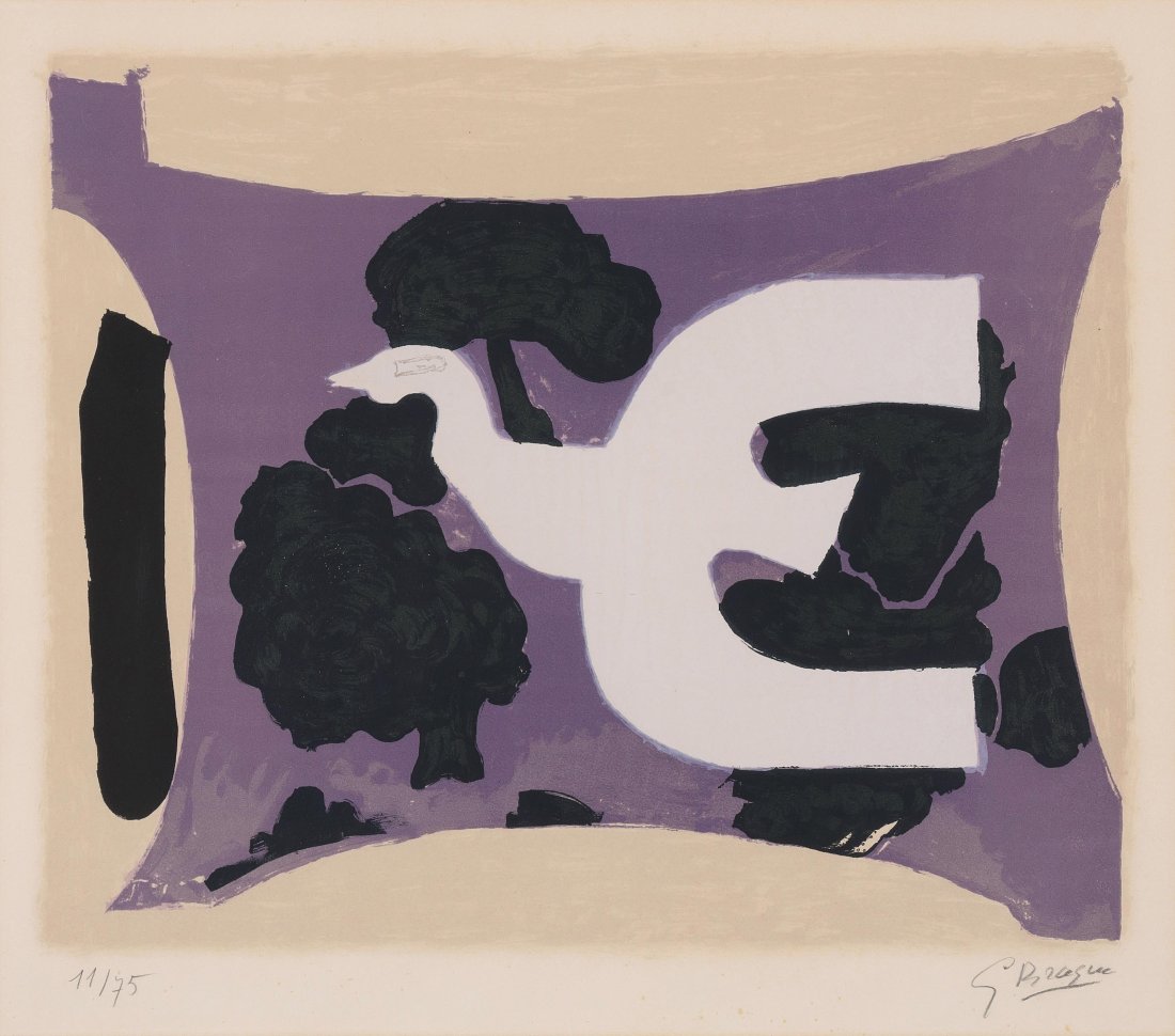 Braque, Georges (Argenteuil sur Seine 1882–1963 Paris): Braque, Georges (Argenteuil sur Seine 1882–1963 Paris) "L'Atelier". 1961. Farblithographie. 11/75. Unten rechts in Bleistift signiert. Blattgrösse 51,5x66 cm. Gerahmt. -Blatt gebräunt. Lichtrand. 