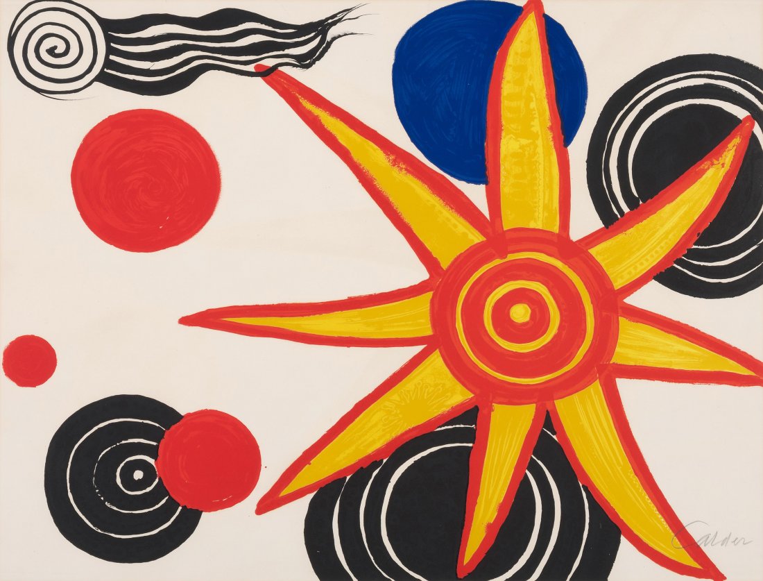 Calder, Alexander (Philadelphia 1898–1976 New York): Calder, Alexander (Philadelphia 1898–1976 New York) Ohne Titel. Kreise und Stern. Farblithographie. Unten rechts in Bleistift signiert. Blattgrösse 50x64,8 cm. Gerahmt. -Blatt gebräunt (verso stä