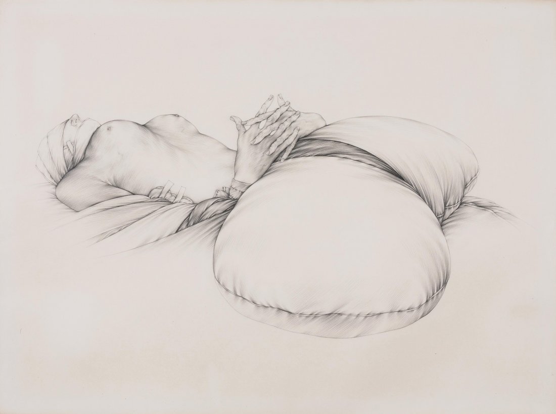 Wan-Ts, Peng (Sichuan 1939) "Les Mains". 1973.: Wan-Ts, Peng (Sichuan 1939) "Les Mains". 1973. Bleistift auf Papier. Verso in Bleistift signiert und datiert. Blattgrösse 57x76 cm. Gerahmt. -Blatt leicht gebräunt. Ränder stärker gebräunt. Wenig