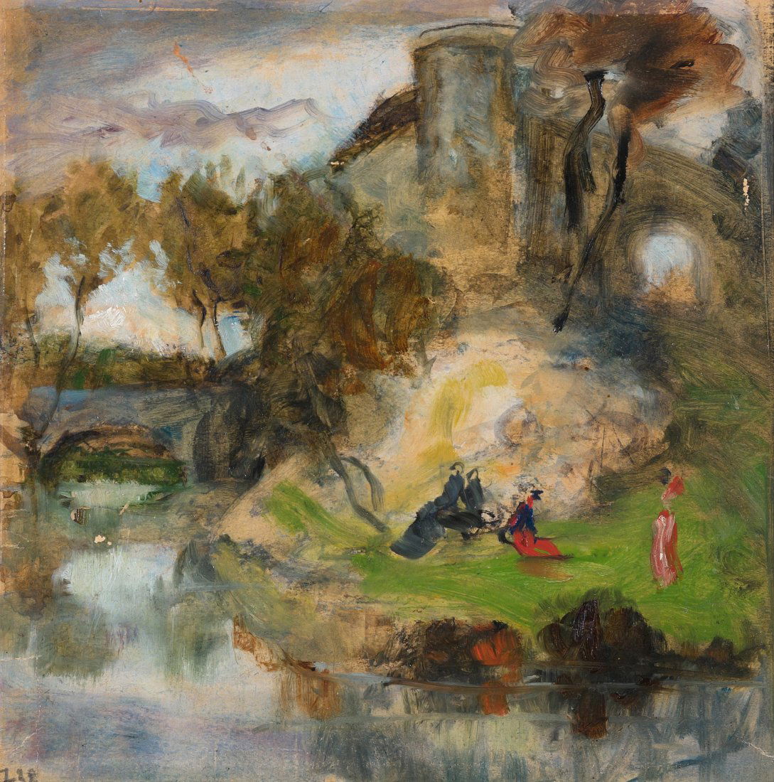 Welti, Albert (Zürich 1862–1912 Bern) Flusslandschaft: Welti, Albert (Zürich 1862–1912 Bern) Flusslandschaft mit Personen. Aquarell und Gouache gefirnist auf Papier. Unten rechts nummeriert: 738. Verso bezeichnet: "Albert Welti fecit". Blattgrösse 21,