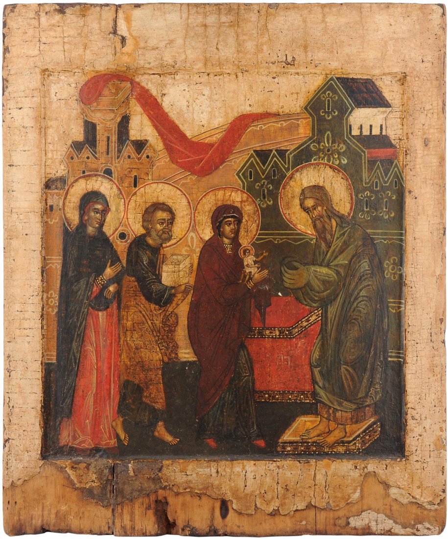 Darbringung Christi im Tempel Russisch, um 1700, mit: Darbringung Christi im Tempel Russisch, um 1700, mit Ergänzungen (19.Jh.). Tempera über Kreidegrund auf Holz. Im vertieften Mittelfeld Darstellung der Gottesmutter, die Simeon ihren Sohn übergibt. 