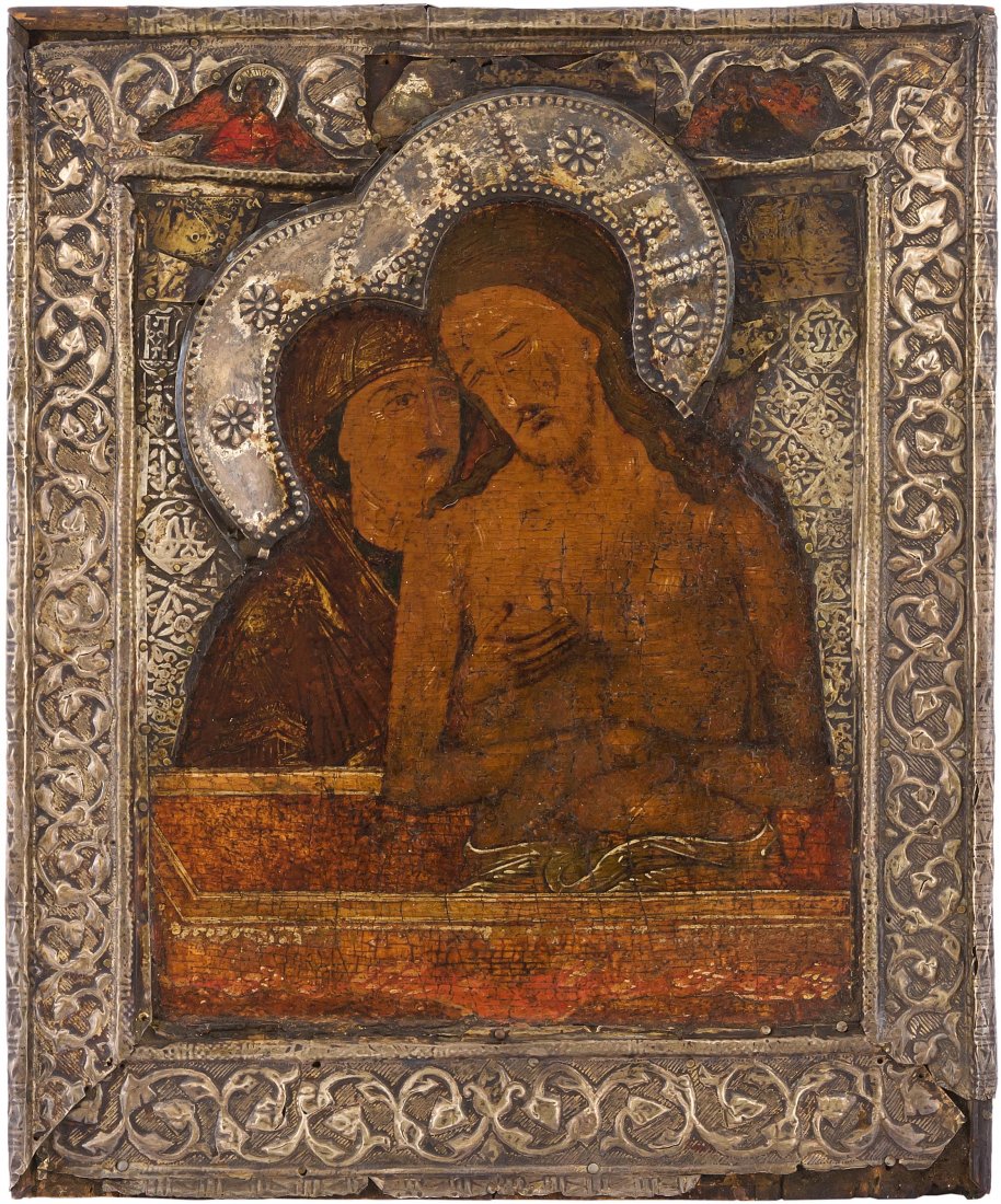 *"Weine nicht über mich, Mutter" mit Silberbasma: *"Weine nicht über mich, Mutter" mit Silberbasma Russisch, um 1600. Tempera über Kreidegrund auf rechteckiger Holztafel. Im vertieften Mittelfeld Darstellung Christi in offenem Sarkophag. Die Gottes