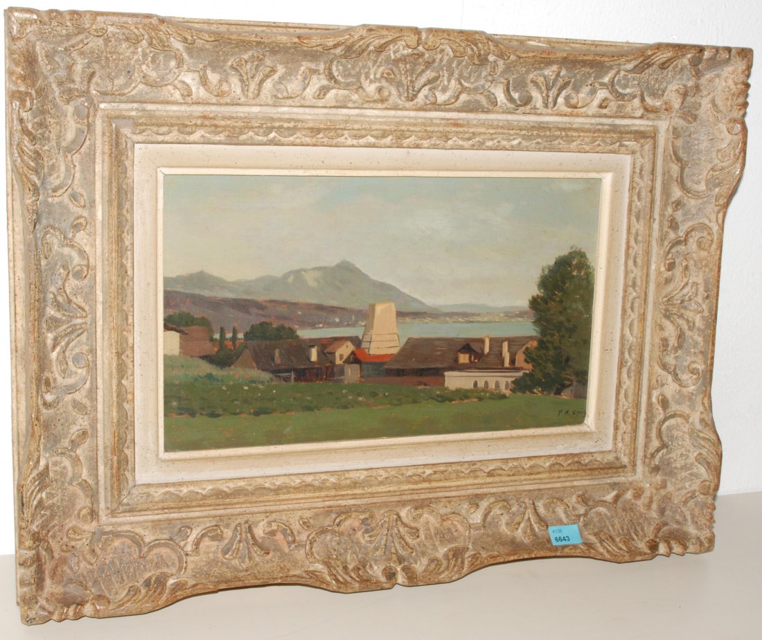 Opitz, Franz Karl (Zürich 1916–1998 Obfelden) Horgen,: Opitz, Franz Karl (Zürich 1916–1998 Obfelden) Horgen, Blick auf die Zementfabrik gegen den See. Öl auf Karton. Unten rechts signiert. 20x33 cm.