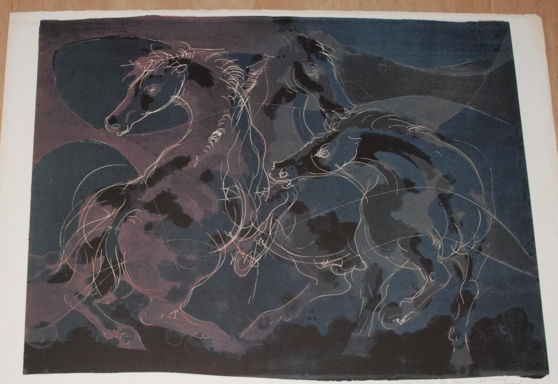 Erni, Hans (Luzern 1909) "Zirkuspferde III". 1969.: Erni, Hans (Luzern 1909) "Zirkuspferde III". 1969. Farblithographie. Unten rechts mit Widmung und signiert. Blattgrösse 57x79 cm.