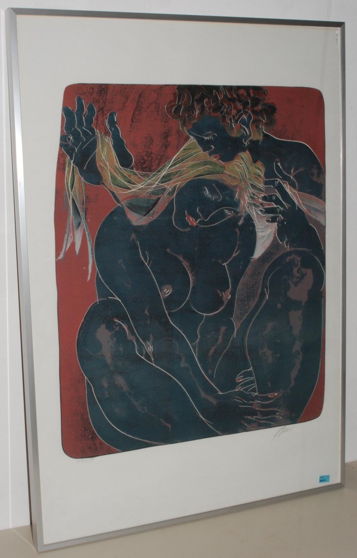 Erni, Hans (Luzern 1909) "Paar, mit Haar spielend".: Erni, Hans (Luzern 1909) "Paar, mit Haar spielend". 1977. Farblithographie. 105/150. Unten rechts signiert. Lichtmass 89x62 cm. Gerahmt.