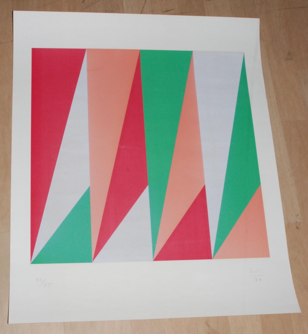 Bill, Max (Winterthur 1908–1994 Berlin) Variation in: Bill, Max (Winterthur 1908–1994 Berlin) Variation in drei Farben. 1974. Farbserigraphie. 32/75. Unten rechts signiert und datiert. Blattgrösse 76,8x62,5 cm.