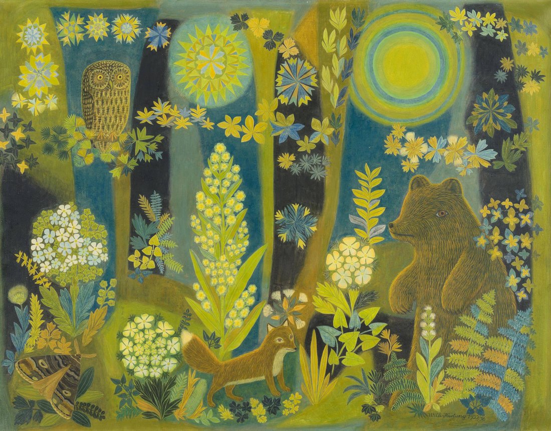 Hartung, Willi (Zürich 1915–1987 Sternenberg) Die Tiere: Hartung, Willi (Zürich 1915–1987 Sternenberg) Die Tiere des Waldes, 1955/56. Öl und Tempera auf Leinwand. Unten rechts signiert und datiert. 60,5x80 cm.