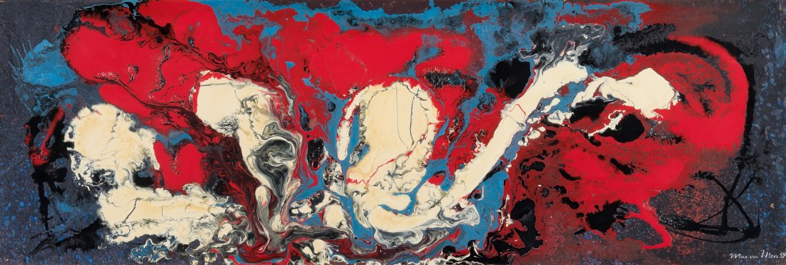 Moos, Max von (1903 Luzern 1979) "Lebensentfaltung",: Moos, Max von (1903 Luzern 1979) "Lebensentfaltung", 1959. Tempera und Öl auf Hartfaserplatte. Unten rechts signiert und datiert, verso mit dem Nachlass-Etikett versehen. 123xx41,5 cm.