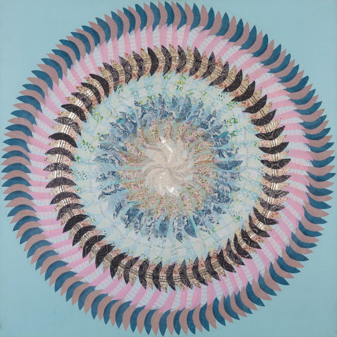 Schapiro, Miriam (geboren in Toronto 1923) "Peridot: Schapiro, Miriam (geboren in Toronto 1923) "Peridot Pinwheel". 1979. Acryl und Stoff auf Leinwand. Verso betitelt, signiert und datiert. 101,5x101,5 cm. - Ohne Rahmen.