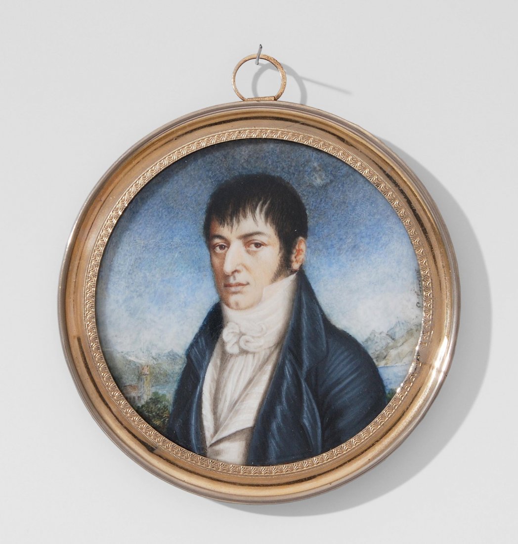 Herrenporträt Genf, um 1800. Mischtechnik auf: Herrenporträt Genf, um 1800. Mischtechnik auf Elfenbein, rund. Signiert: E. Terroux (Elisabeth Terroux ?). Junger Herr in dunkelblauem Rock, weisser Weste und Halsbinde vor weiter Landschaft mit See 