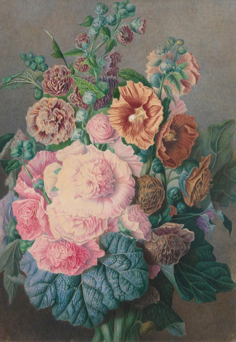 Anonym, 19.Jh. Grosses Stillleben mit Stockrosen. (1 of 1)