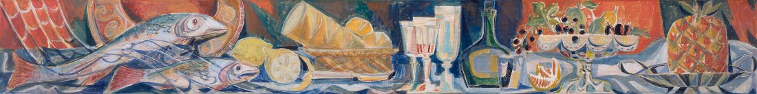 Holzbaur, Erwin Joseph (1927 Mindelheim 2010): Holzbaur, Erwin Joseph (1927 Mindelheim 2010) Stilleben mit Fischen, Brot und Früchten. 1959. Poliertechnik auf Gips über Holzplatte. Unten rechts monogrammiert und datiert. 25x195 cm.