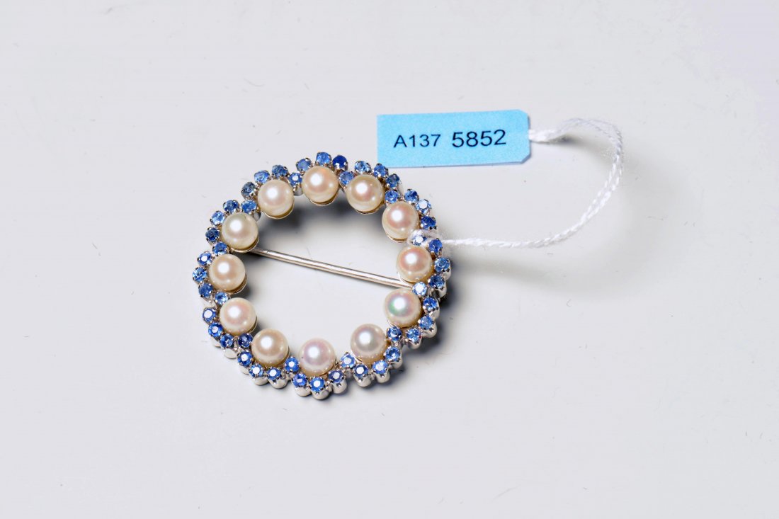 Perlen-Saphir-Brosche  750 Weissgold. Kreisbrosche, 12 (1 of 1)