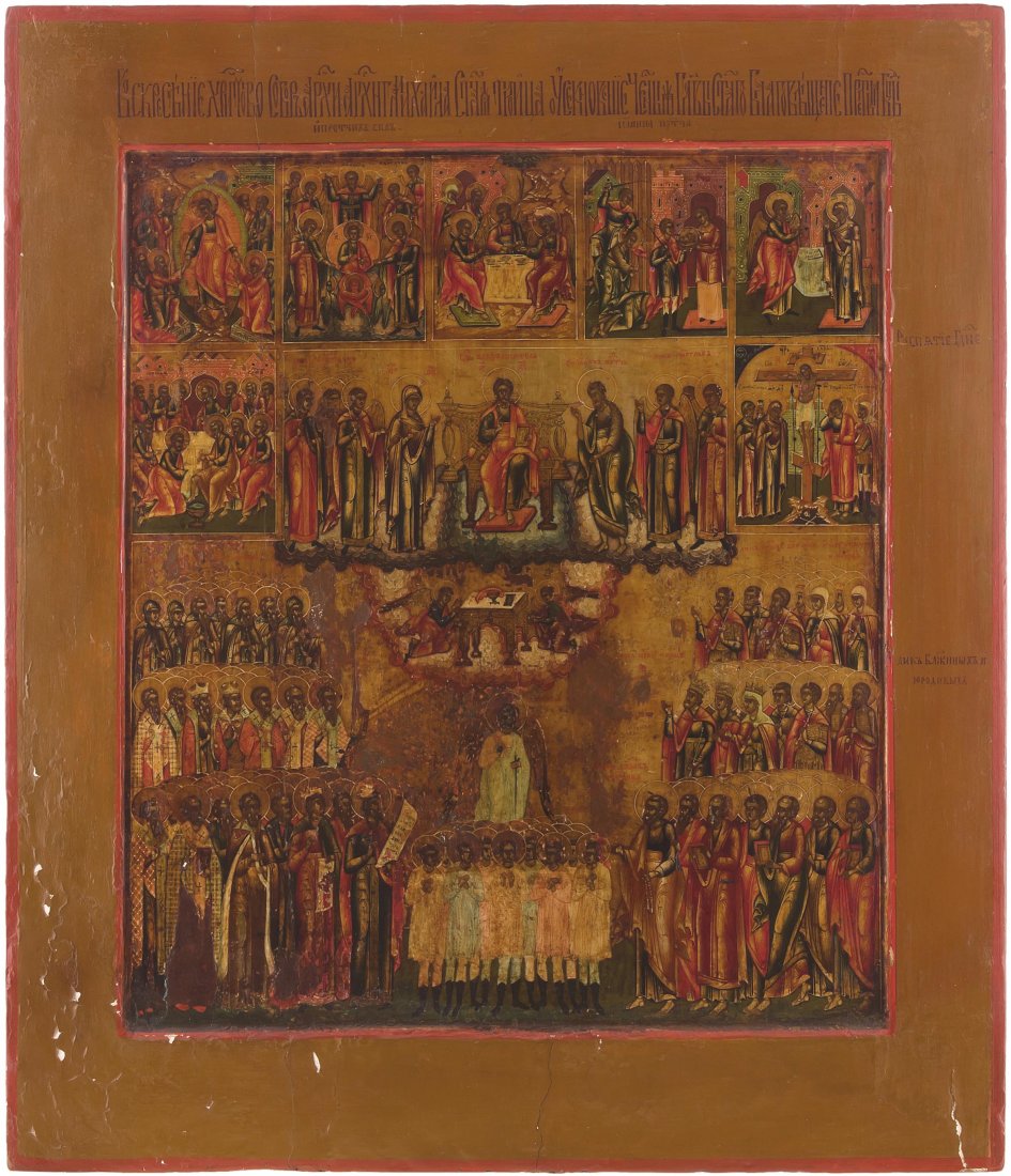 Wochenikone (Sedmiza) Russisch, um 1800. Tempera über: Wochenikone (Sedmiza) Russisch, um 1800. Tempera über Kreidegrund auf Holz. Feinmalerei in vertieftem Mittelfeld. In der oberen Bildhälfte 6 Wochentag-Themen: Höllenfahrt Christi (Sonntag), Synaxis