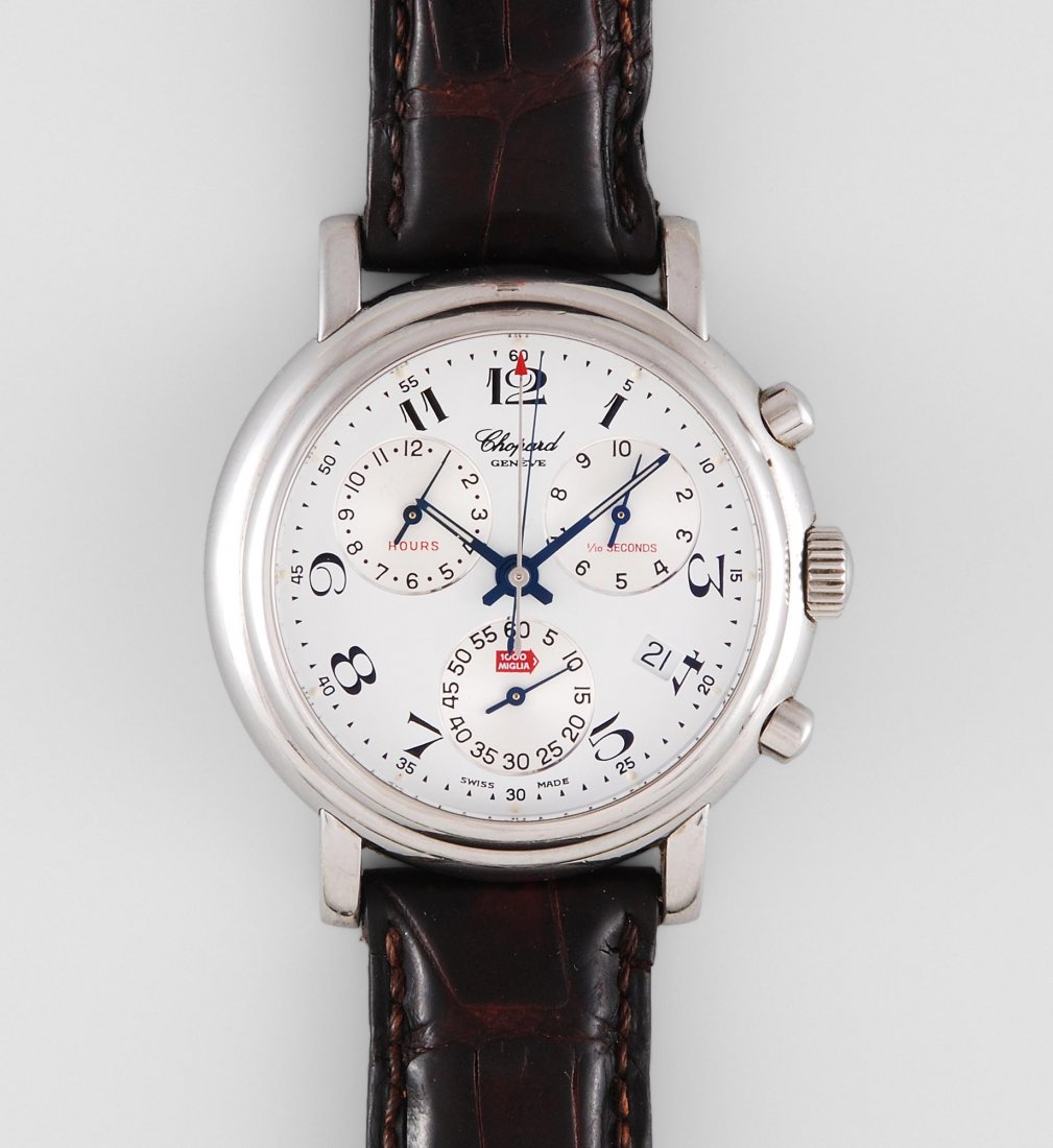Chopard Mille Miglia Runder Damenchronograph in: Chopard Mille Miglia Runder Damenchronograph in Stahlgehäuse mit Quarzwerk. Boden verschraubt, Referenznummer 4073378271, D 39 mm. Weisses Zifferblatt mit schwarzen, arabischen Stundenzahlen, schwarz