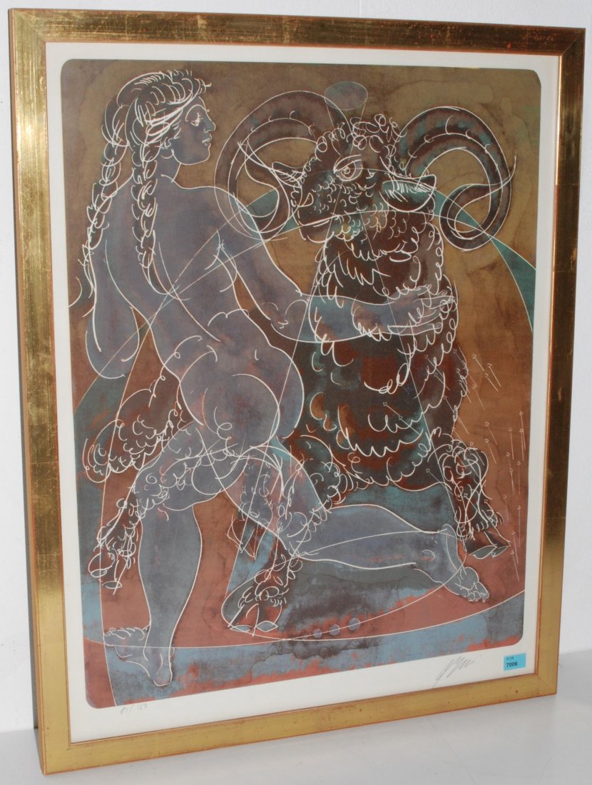 Erni, Hans (Luzern 1909–2015 Luzern) "Widder". 1980.: Erni, Hans (Luzern 1909–2015 Luzern) "Widder". 1980. Farblithographie. 81/150. Unten rechts signiert. Lichtmass 58,5x46,5 cm. Gerahmt.