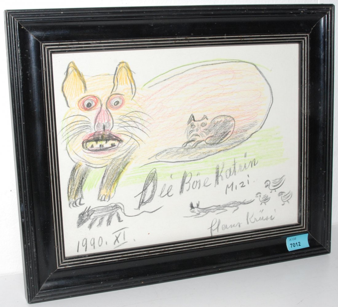 Krüsi, Hans (Speicher AR 1920–1995 St.Gallen) "Die böse: Krüsi, Hans (Speicher AR 1920–1995 St.Gallen) "Die böse Katrin Mizi". 1990. Buntstift auf Papier. Unten datiert signiert und betitelt. Lichtmass 18x24 cm. Gerahmt.