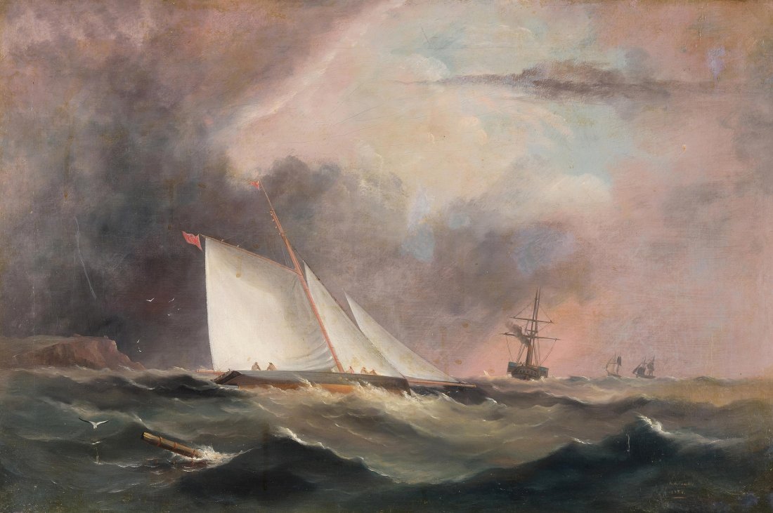Fowles, Arthur Wellington (Ryde 1815–1883) Marine.: Fowles, Arthur Wellington (Ryde 1815–1883) Marine. 1858. Öl auf Leinwand. Unten rechts signiert und datiert. 51x76 cm. - Retouchierter Farbausbruch oben rechts, kleiner Farbausbruch rechts, Retouch