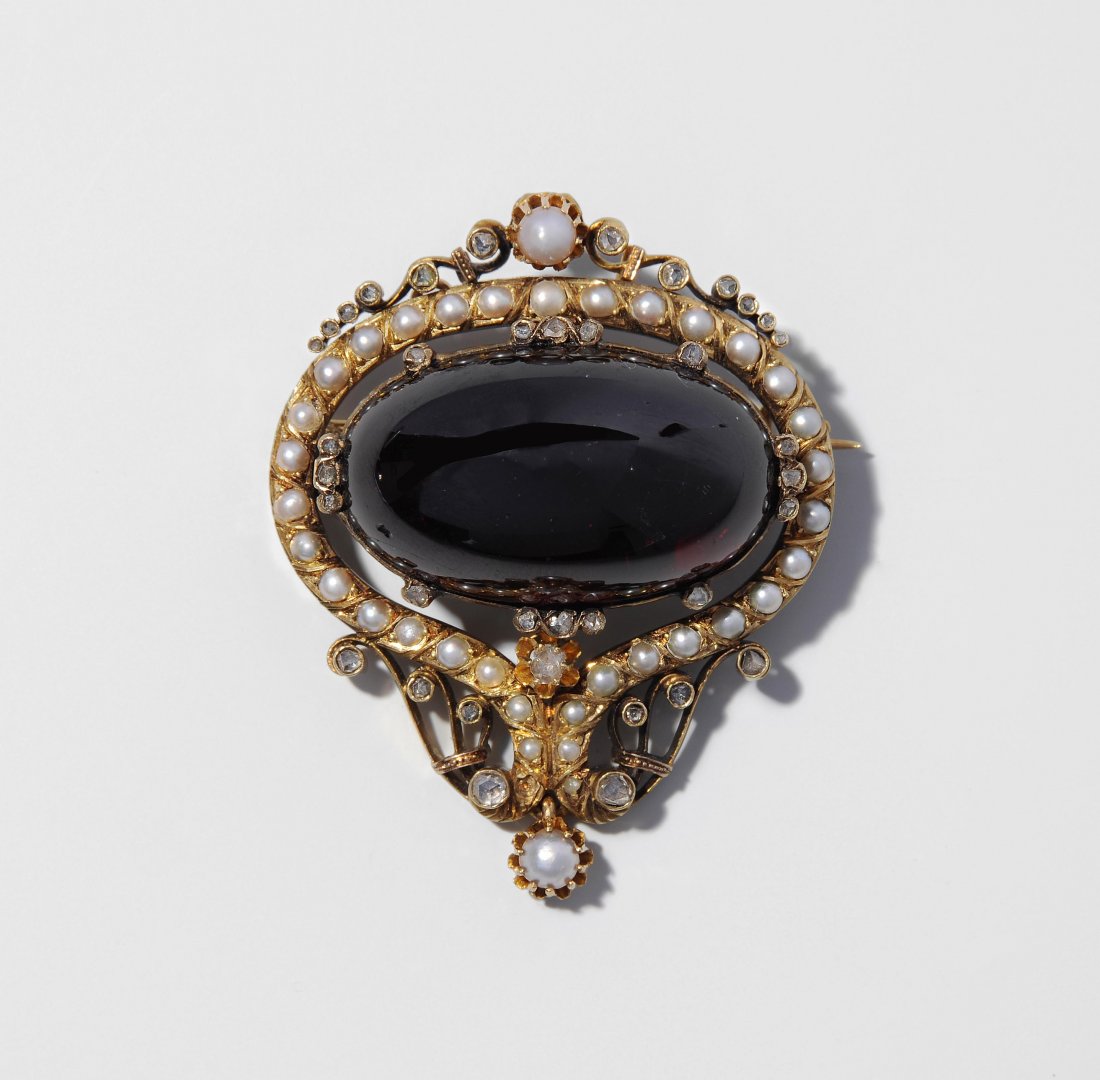 Granat-Perlen-Diamant-Brosche 19.Jh. 375 Gelbgold. (1 of 1)