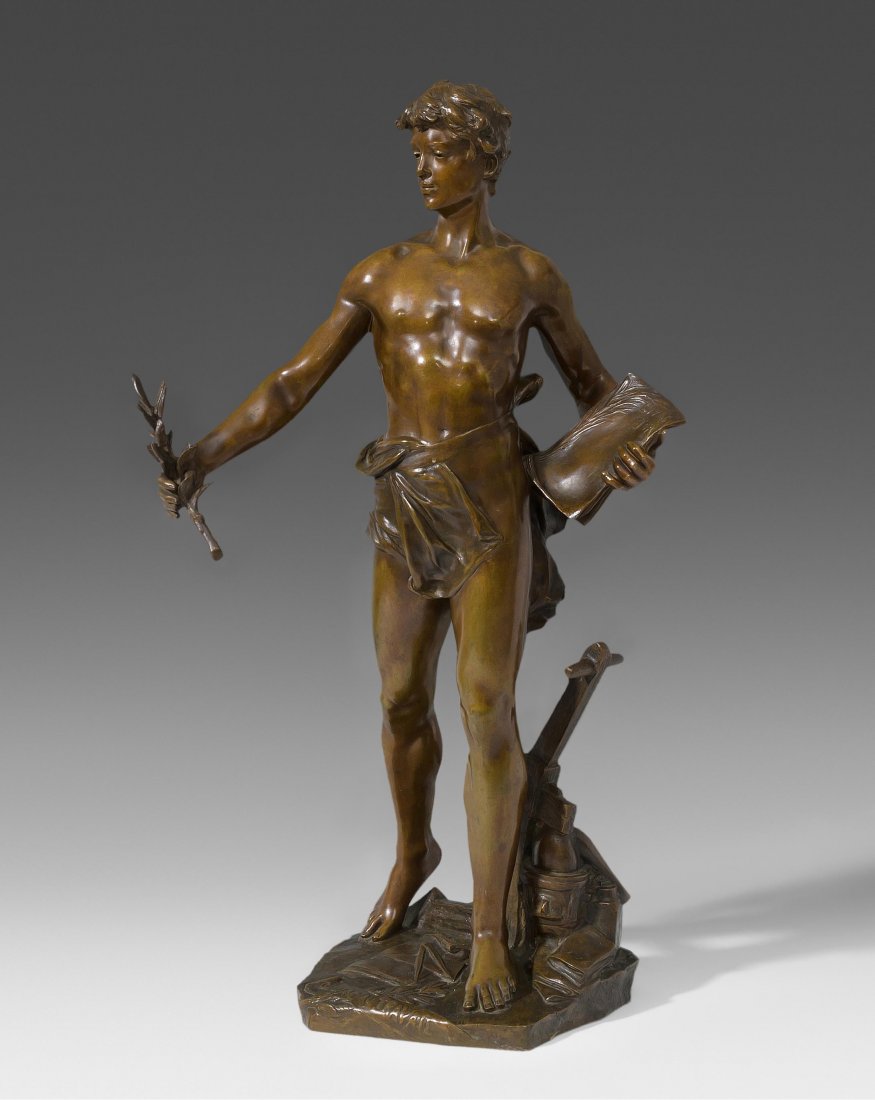 Figur "Gloire au Travail" Frankreich, um 1910. Nach dem: Figur "Gloire au Travail" Frankreich, um 1910. Nach dem Modell von Eugène Marioton (1847–1933). Bezeichnet: "Eug. Marioton". Bronze mit brauner Patina. Auf Terrainsockel mit Werkzeugen und -stücke