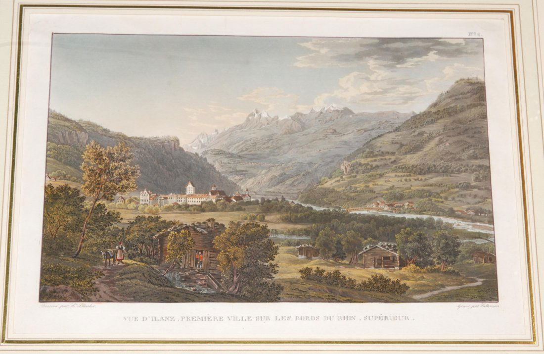 Ilanz "Vue d'Ilanz, première Ville dur les Bords du: Ilanz "Vue d'Ilanz, première Ville dur les Bords du Rhin, supérieur, No. 8". Kol. Aquatinta von Falkeisen nach L. Bleuler aus dem Werk "Der Rhein von den Quellen bis zur Mündung", 1827/43. 18,5x28,
