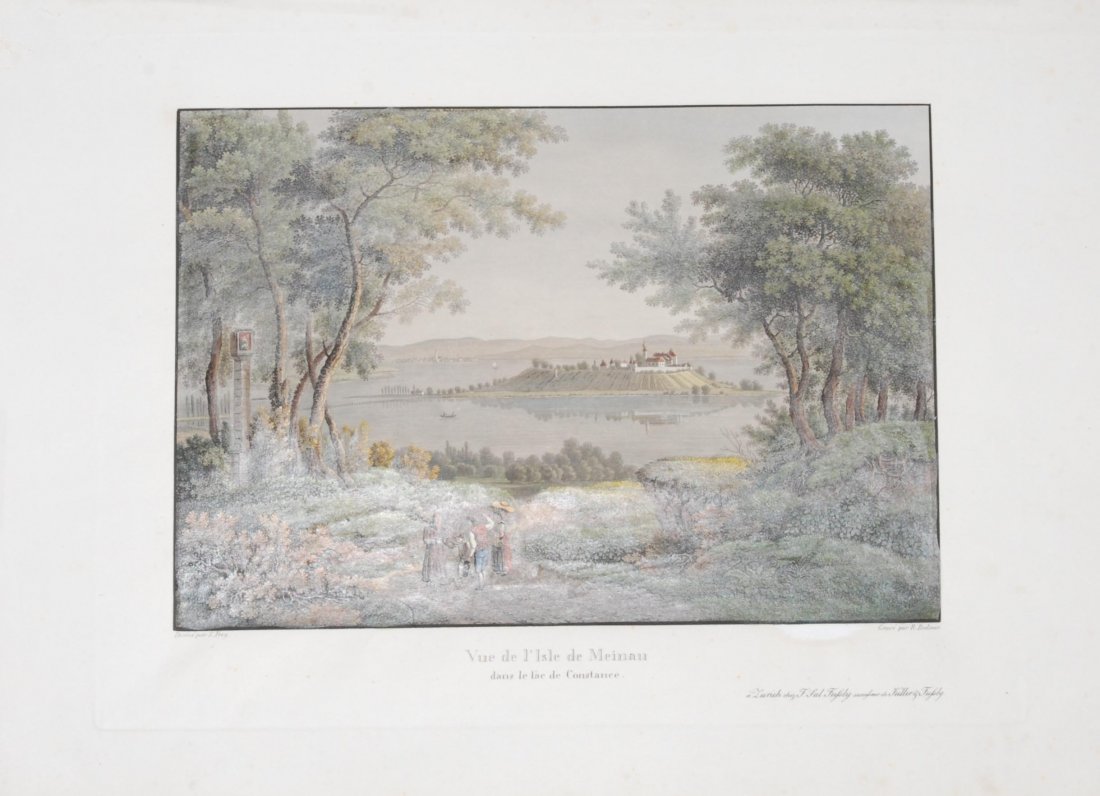 Mainau "Vue de l'Isle de Meinau dans le lac de: Mainau "Vue de l'Isle de Meinau dans le lac de Constance". Kolorierte Aquatinta von R. Bodmer nach Samuel Frey bei F. Sal. Fussly, Zürich um 1825. 17 x 24,5 cm.