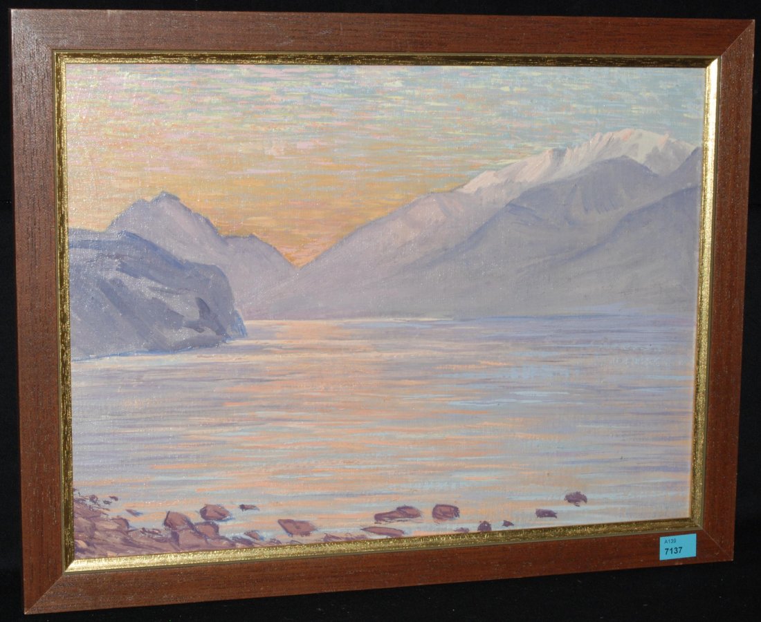 Meister, Otto (Thalwil 1887–1969 Kilchberg): Meister, Otto (Thalwil 1887–1969 Kilchberg) Sonnenuntergang am Walensee, 1908. Öl auf Leinwand über Karton. Unten rechts mit verblasster Signatur, verso signiert, bezeichnet und datiert. 29x40 cm.