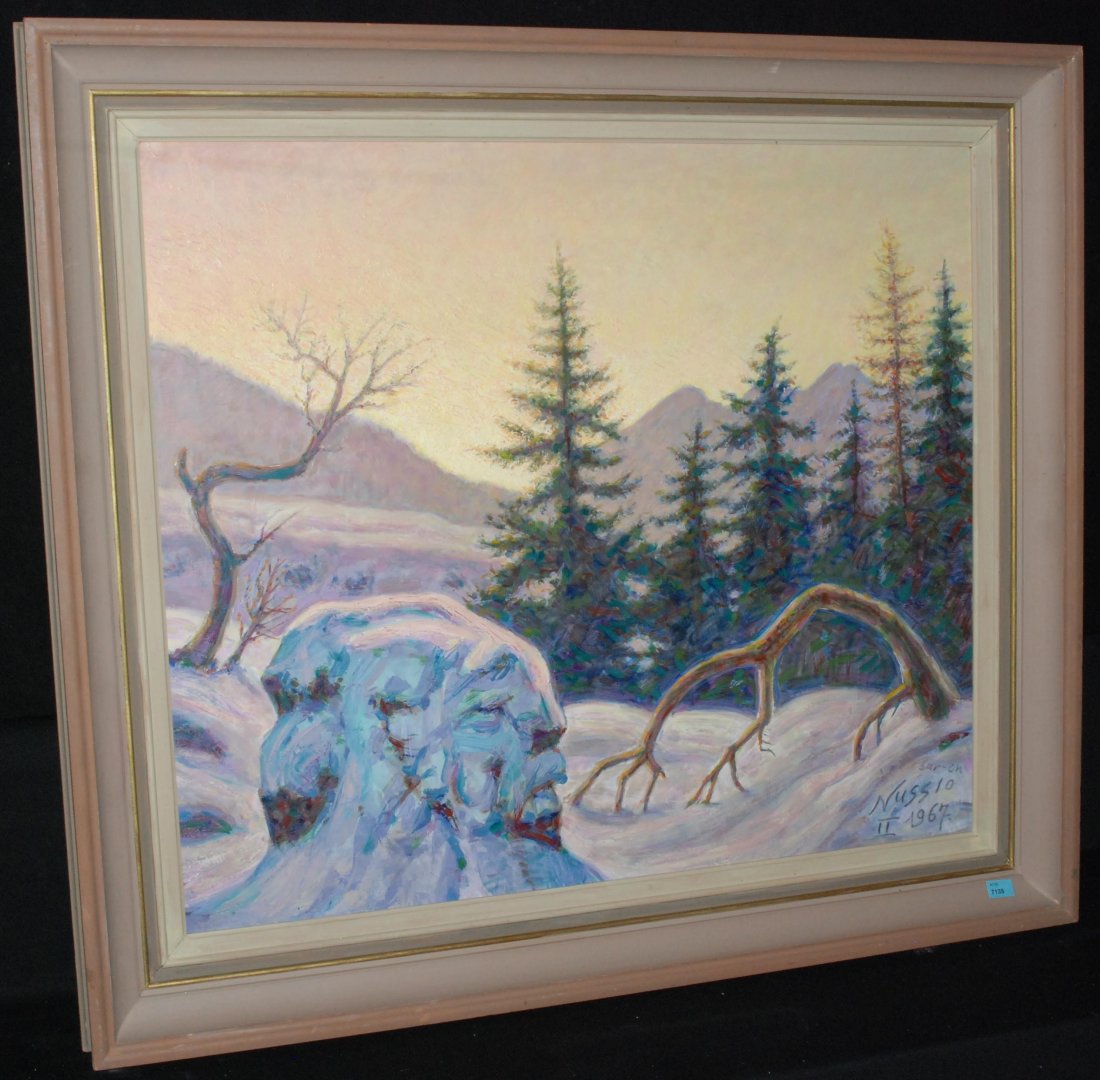 Nussio, Oscar (Ardez 1899–1976 Greifensee) "Abend bei: Nussio, Oscar (Ardez 1899–1976 Greifensee) "Abend bei Sur-En", 1967. Öl auf Leinwand. Unten rechts signiert und datiert, verso auf Keilrahmen bezeichnet. 60,5x70,5 cm.