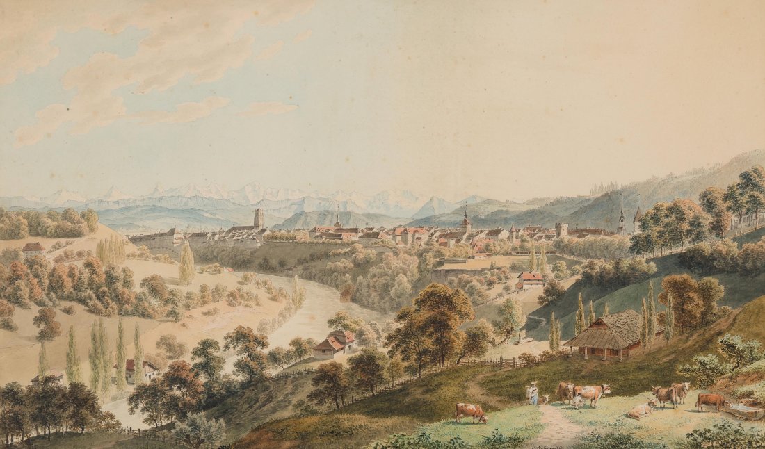 König, Franz Niklaus (1765 Bern 1832) Bern, von der: König, Franz Niklaus (1765 Bern 1832) Bern, von der Enge aus gesehen. Aquarell über Bleistift, 1813. Unten rechts signiert und datiert. 30,6x51,8 cm. Gerahmt. -Leicht stockfleckig und gebräunt und 