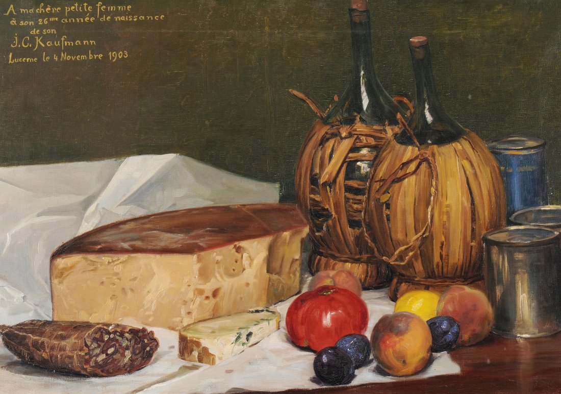 Kaufmann, Josef Klemens (Luzern 1867–1926 Zrich): Kaufmann, Josef Klemens (Luzern 1867–1926 Zrich) Stillleben mit Wein, Frchten und Kse, 1903. l auf Leinwand. Oben links signiert, dediziert und datiert. 59,5x85 cm.