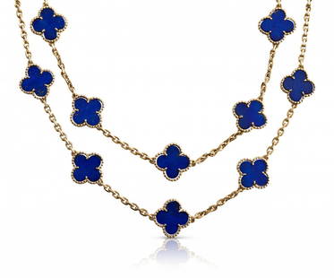 Van Cleef & Arpels Lapislazuli-Sautoir Signiert und: Van Cleef & Arpels Lapislazuli-SautoirSigniert und nummeriert "V.C.A © 750 B4050 L103". Frankreich, nach 1968. Modell "Alhambra". 20 Vierpassmotive aus Lapislazuliplatten. L 80,5 cm. 48,9 g.