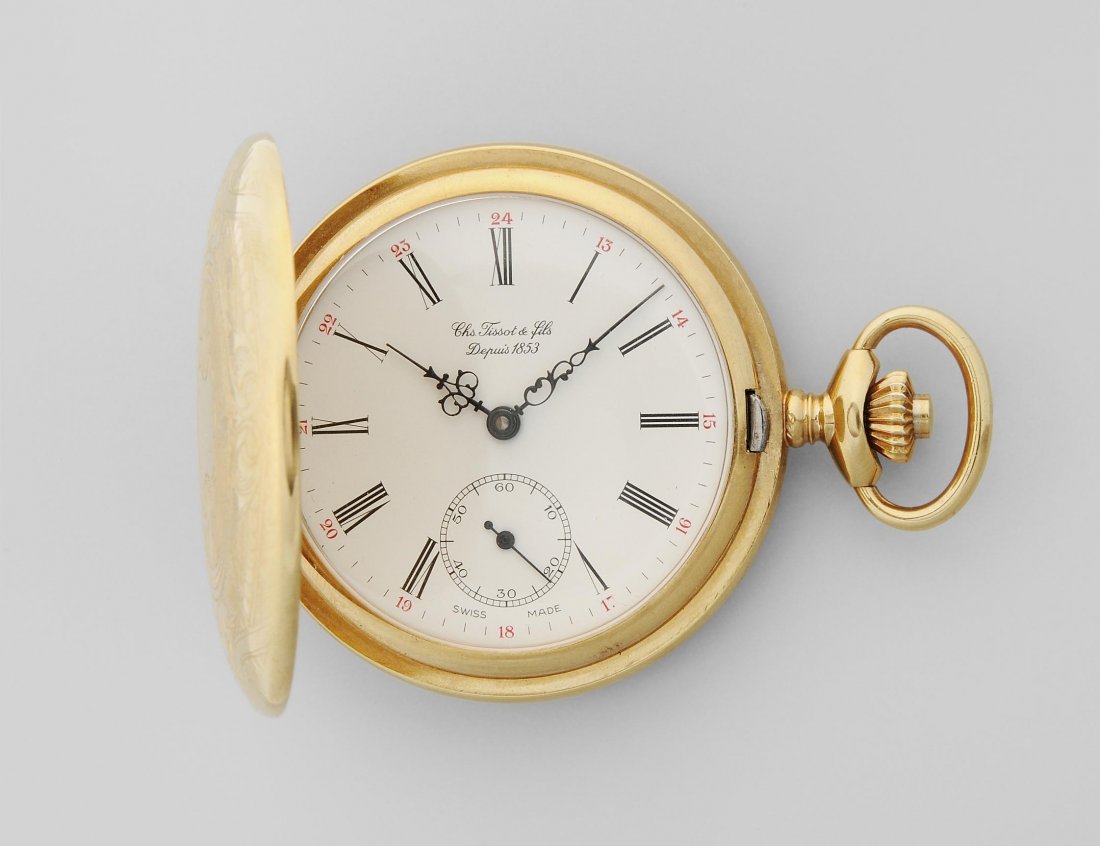 Tissot Runde, mechanische Herrensavonnette in: Tissot Runde, mechanische Herrensavonnette in vergoldetem Gehäuse. Kaliber 6498, Werkdeckel graviert, Referenznummer 524210, D 50 mm. Rücken- und Frontdeckel reich mit Ornamenten verziert und mit ze