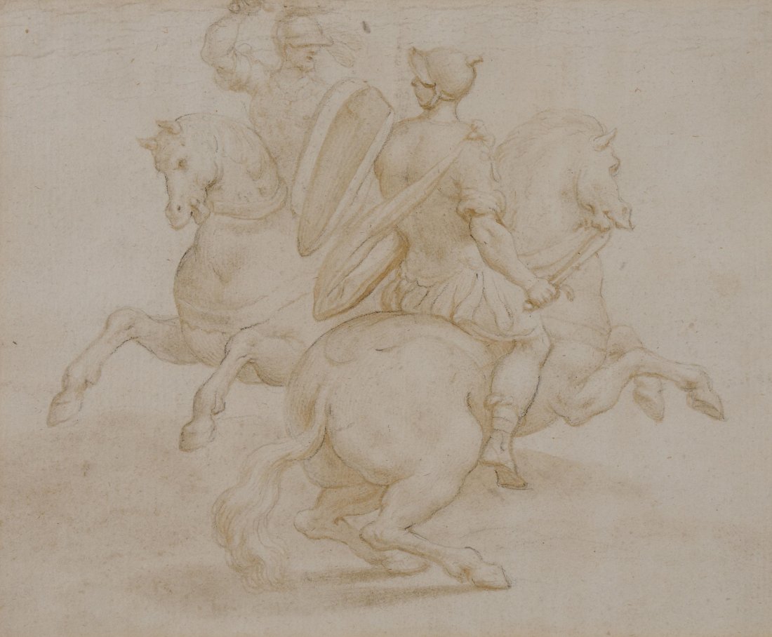 Italien, 17. Jh. Reiterkampf. Lavierte Pinselzeichnung.: Italien, 17. Jh. Reiterkampf. Lavierte Pinselzeichnung. 14,2x17,7 cm. Gerahmt.