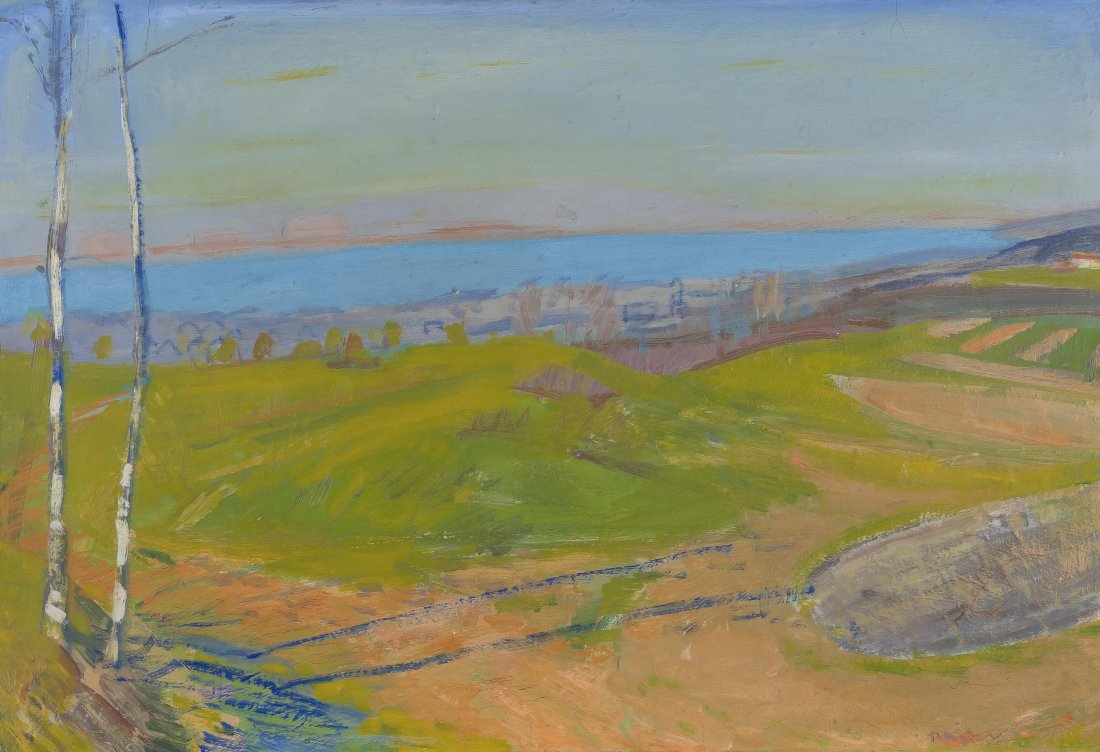 Pfister, Albert (Stäfa 1884–1978 Erlenbach) Vorfrühling: Pfister, Albert (Stäfa 1884–1978 Erlenbach) Vorfrühling über dem Zürichsee (Erlenbach). Öl und Tempera auf Karton. Unten rechts signiert. 51x75 cm. -Retuschen.