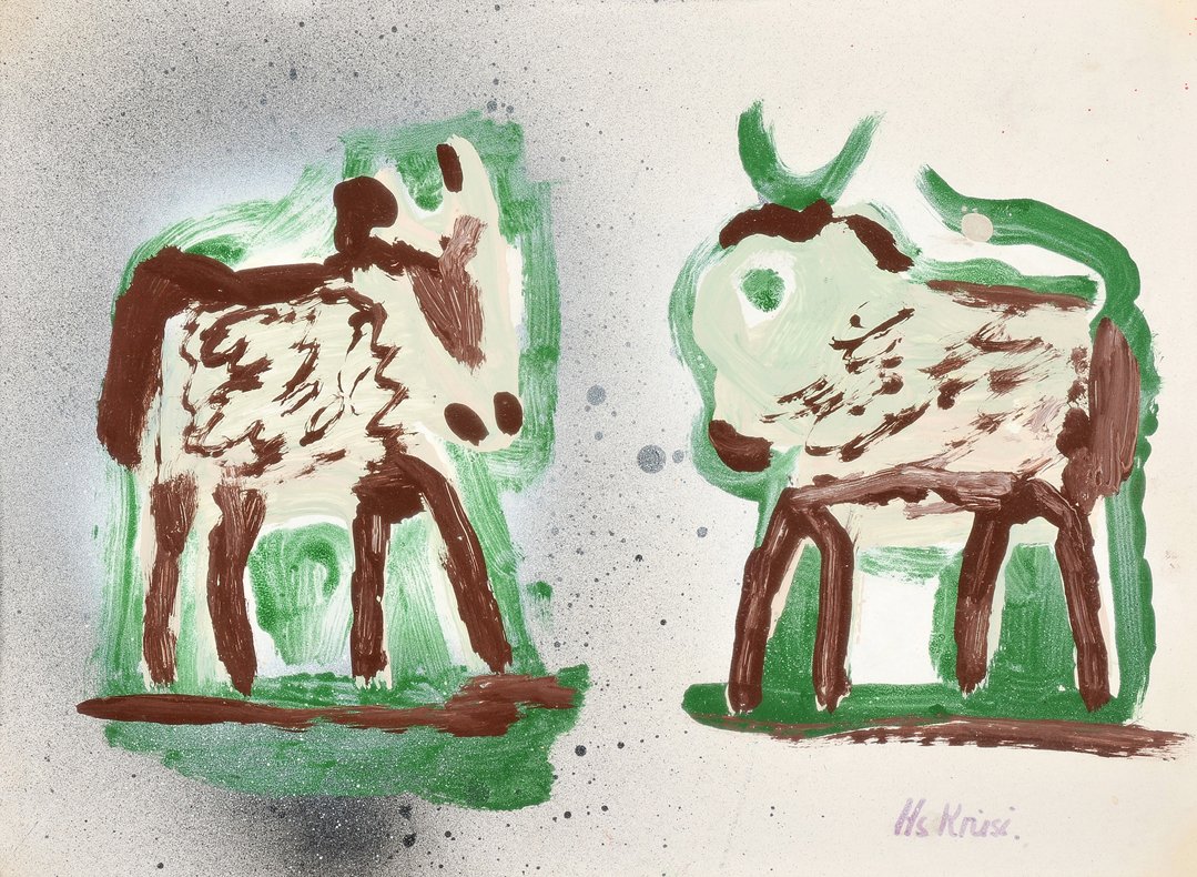 Krsi, Hans (Speicher AR 1920–1995 St.Gallen) Zwei: Krsi, Hans (Speicher AR 1920–1995 St.Gallen) Zwei Tiere. Mischtechnik auf Papier. Unten rechts signiert. Blattgrsse 25,5x35 cm. Gerahmt. -Dieses Werk wurde nicht ausgerahmt. Blatt mit Stecknadeln an