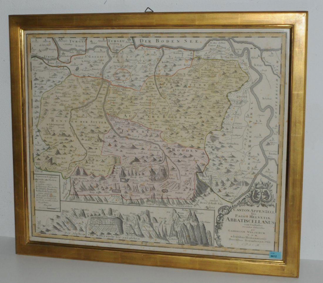 Appenzell "Canton Appenzell sive Pagus Helvetiae: Appenzell "Canton Appenzell sive Pagus Helvetiae Abbatiscellanus cum confinibus". Flchenkol. Kupferstichkarte, mit Ansichtskartusche des Alpsteins, von G. Walser bei Homann-Erben, 1768. 46,8x56,6 cm.