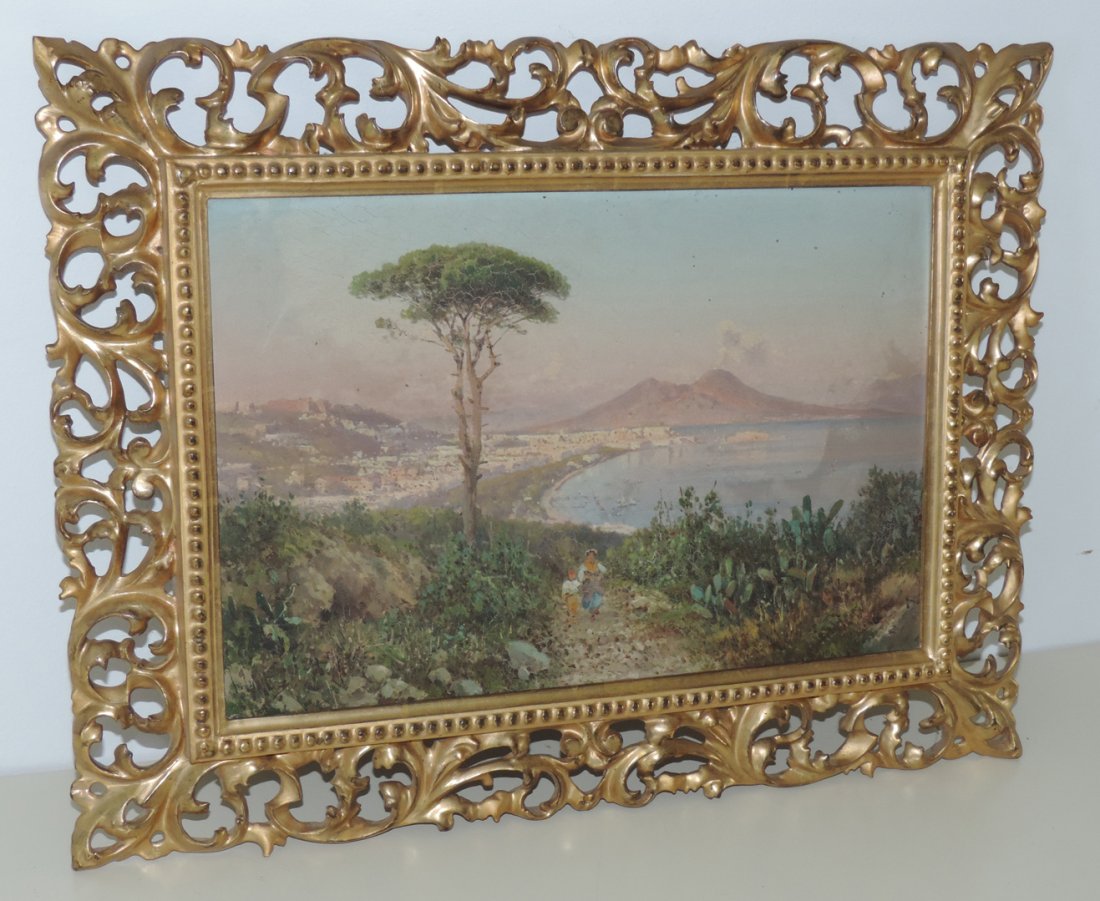 Giusti, Guglielmo (1824 Neapel 1916) Ansicht der Bucht: Giusti, Guglielmo (1824 Neapel 1916) Ansicht der Bucht von Neapel mit dem Vesuv. Tempera auf Holz. Unten links signiert. 24x36 cm.