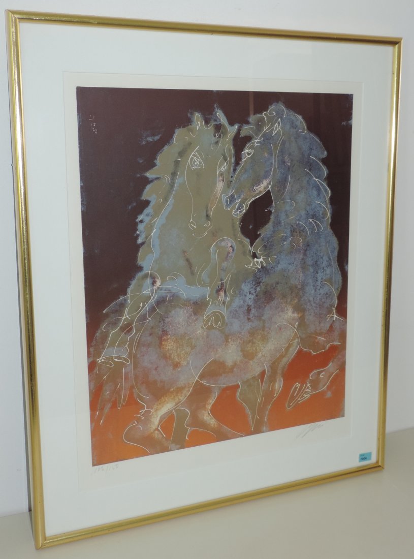 Erni, Hans (Luzern 1909–2015 Luzern) "Zwei Pferde,: Erni, Hans (Luzern 1909–2015 Luzern) "Zwei Pferde, Orange". 1973. Farblithographie. 106/150. Unten rechts signiert. Oben links im Druck datiert: "22.10.73". Lichtmass 56x44 cm. Gerahmt.